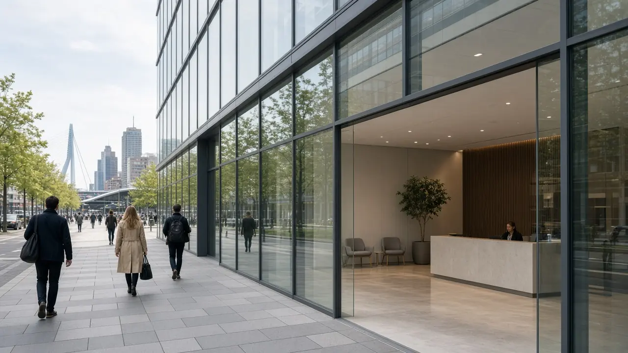 Moderne trainingsacademie aan het Weena in Rotterdam nabij Centraal Station in daglicht