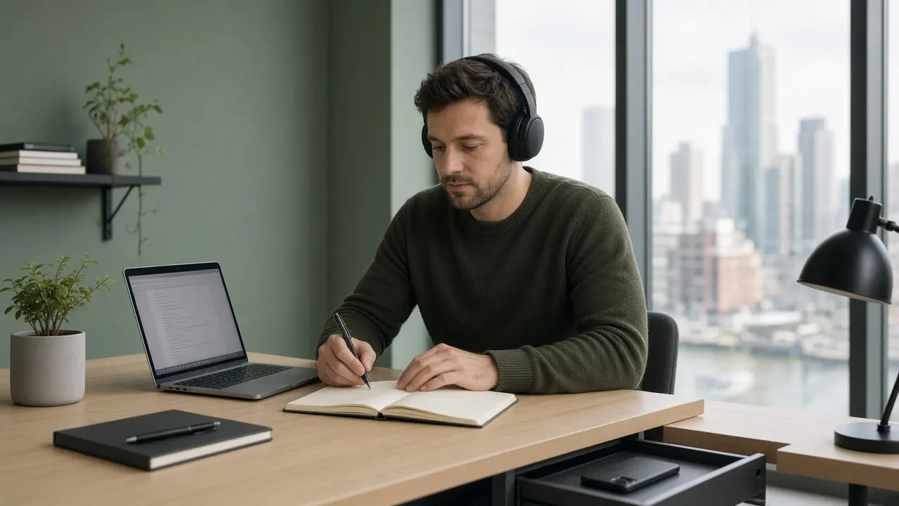 Kenniswerker met koptelefoon werkt geconcentreerd aan één taak in een stille Rotterdamse studio