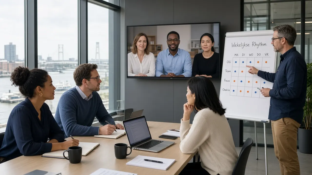 Hybride team in Rotterdam overlegt deels aan tafel en deels via beeldscherm over weekritme